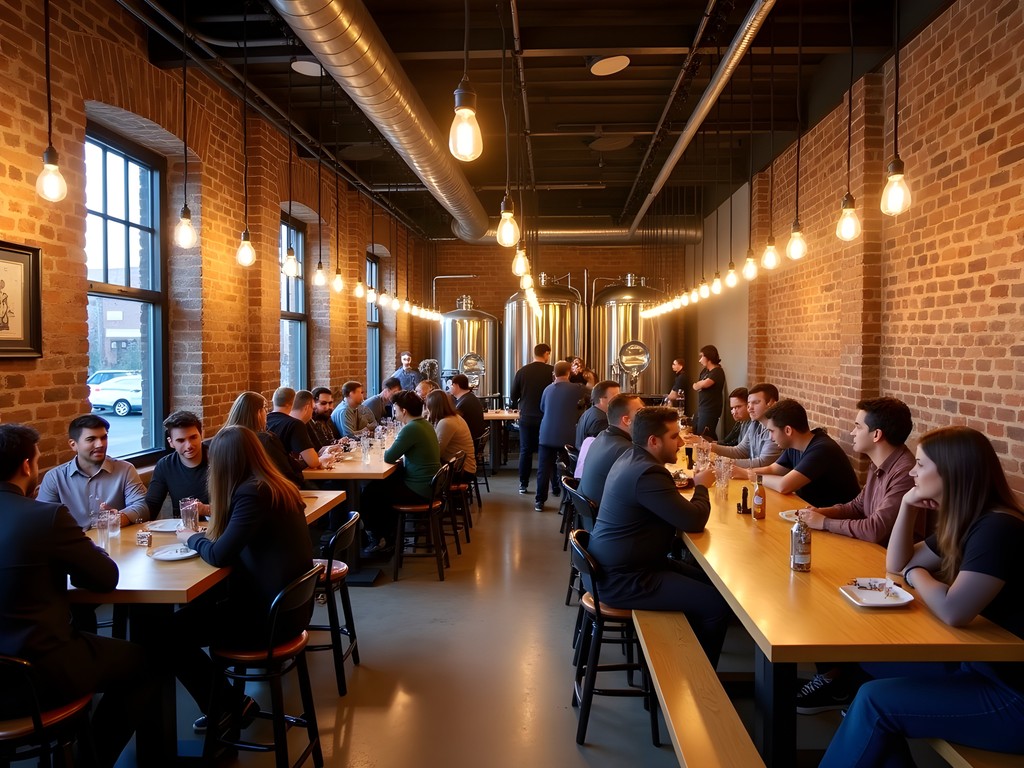 Industrial-chic taproom at a North Las Vegas craft brewery with locals enjoying flights of beer