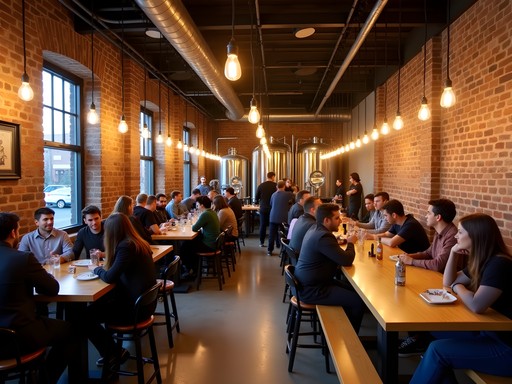 Industrial-chic taproom at a North Las Vegas craft brewery with locals enjoying flights of beer