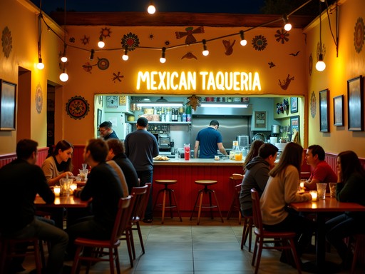 Authentic late-night taqueria in North Las Vegas with diverse customers enjoying tacos after hours