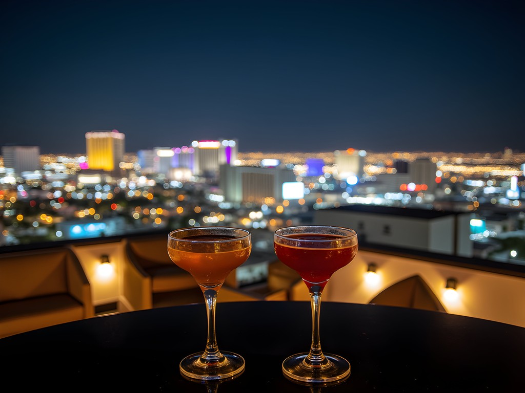 Panoramic night view from North Las Vegas rooftop lounge showing Strip lights in distance