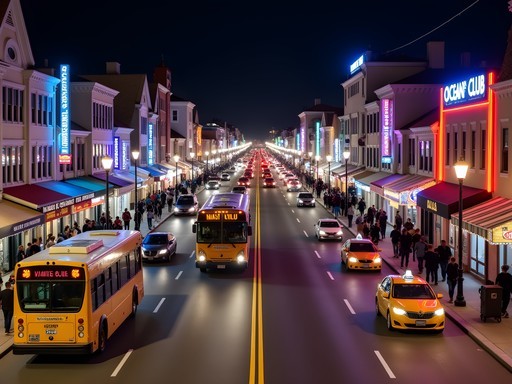 Ocean City Coastal Highway at night with illuminated bars and transportation options