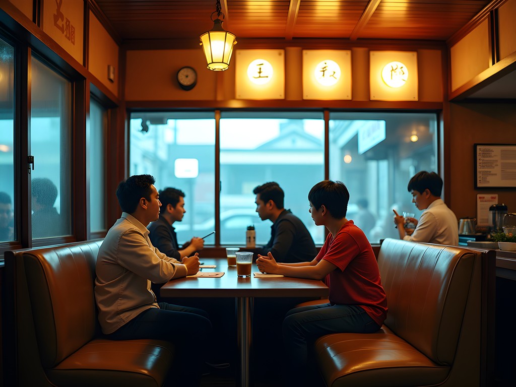 Traditional Japanese kissaten café at dawn with vintage interior and early morning customers