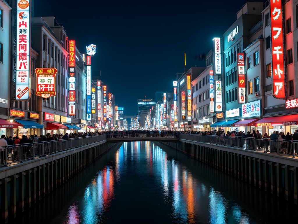 Dotonbori canal at night with neon signs reflecting in the water