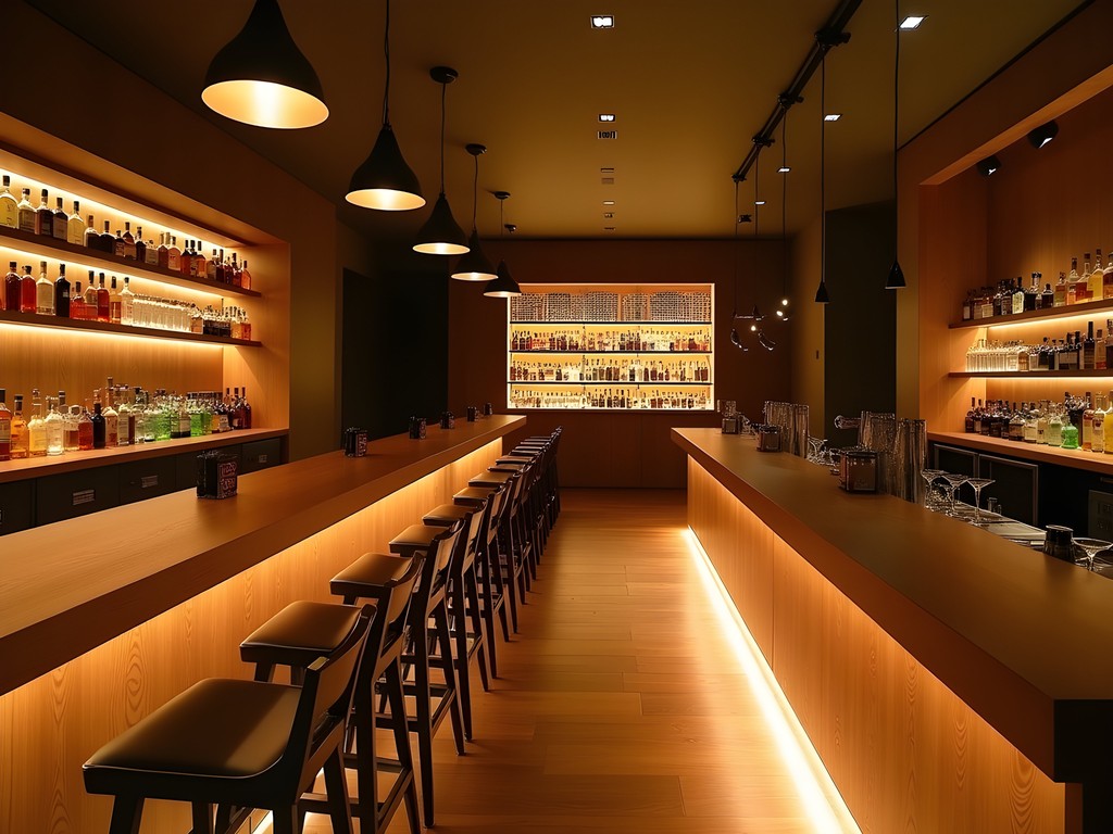 Minimalist Japanese bar interior with architectural lighting and hinoki wood counter