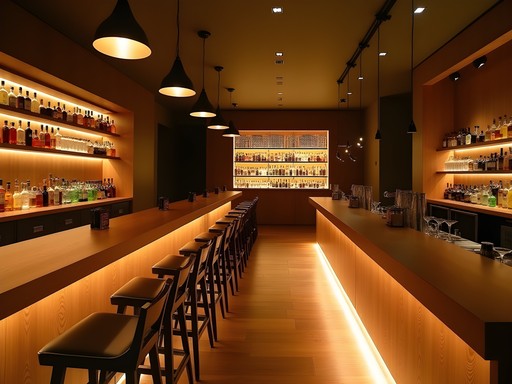 Minimalist Japanese bar interior with architectural lighting and hinoki wood counter