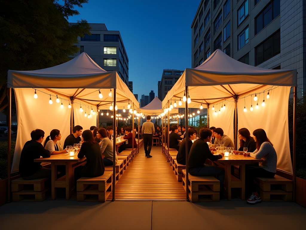 Temporary pop-up wine bar in Osaka with creative lighting and recycled materials