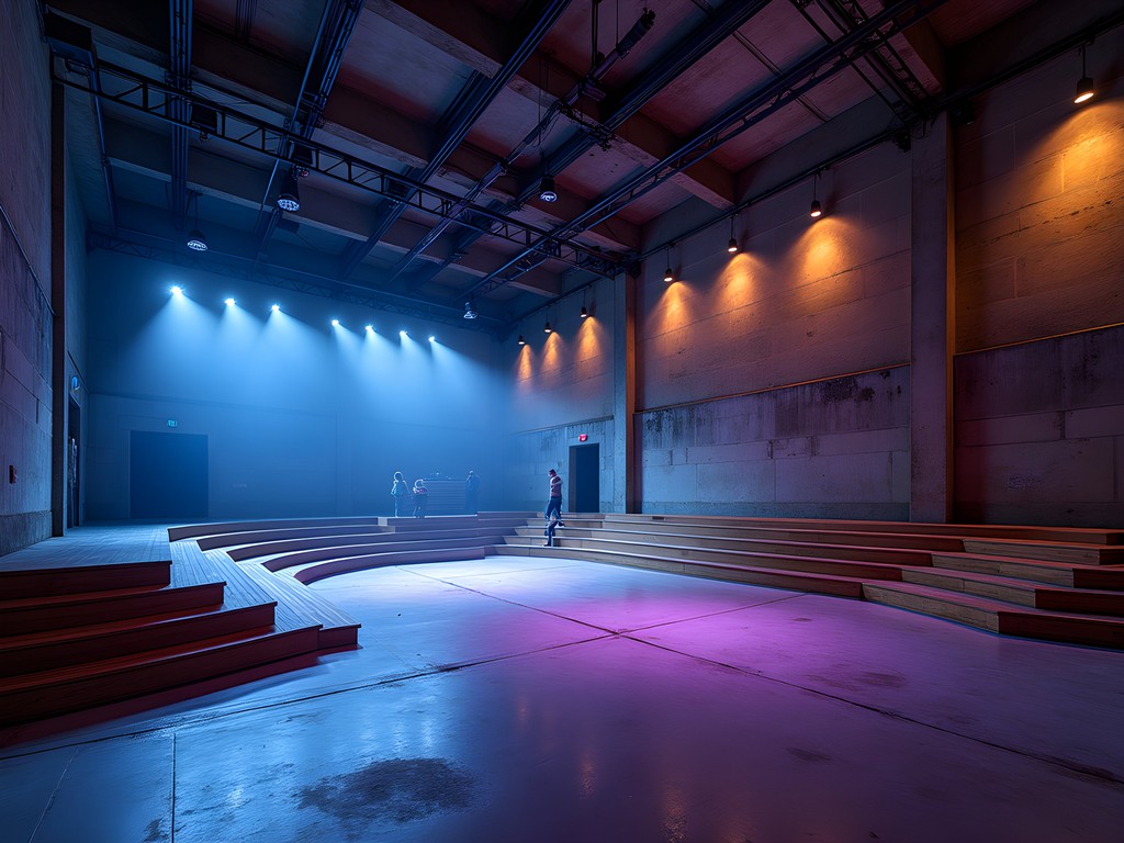 Industrial architecture of an underground music venue in Osaka with tiered platforms and atmospheric lighting