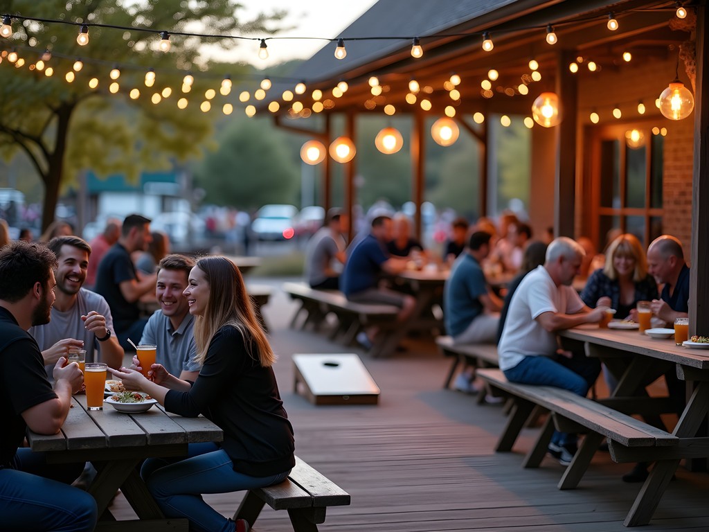 Friends enjoying BBQ on outdoor patio at Owensboro Kentucky restaurant