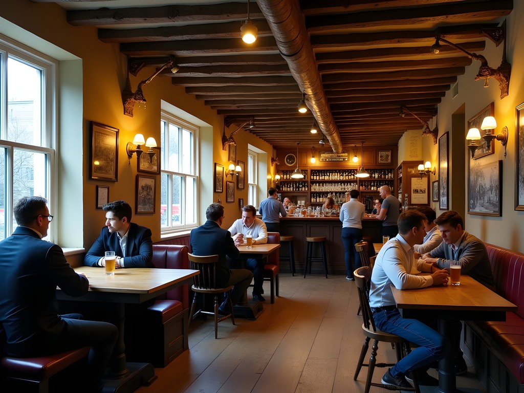Dennis Gomez sampling traditional ales in historic Oxford pub with wooden interior