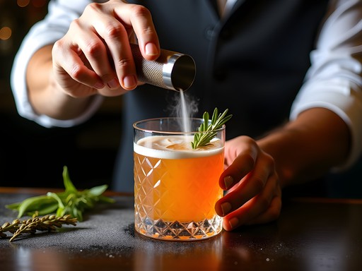 Bartender preparing elaborate cocktail at upscale Oxford bar with precision tools