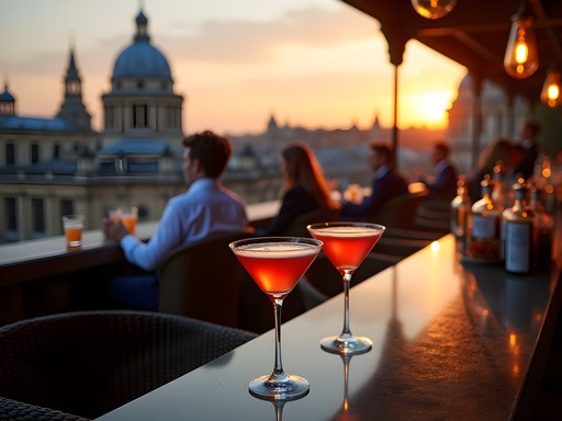 Sophisticated rooftop cocktail bar in Oxford with panoramic views of historic spires at sunset