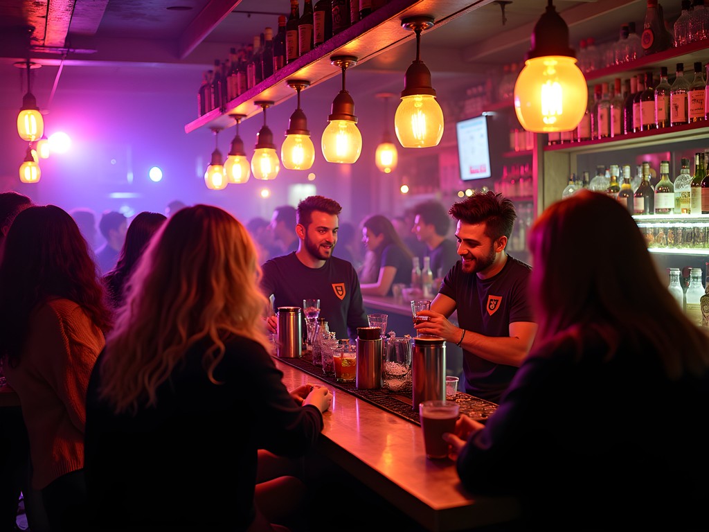 Vibrant student bar in Oxford with young crowd and colorful lighting