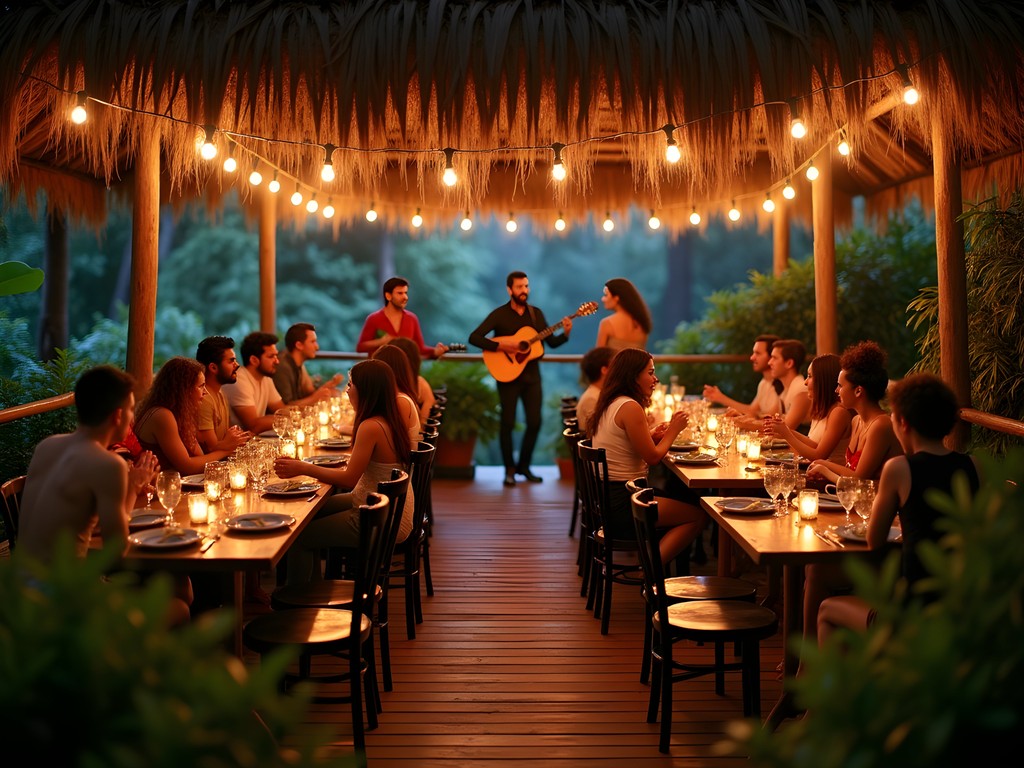 Candlelit open-air restaurant in the jungle with musicians playing and diverse travelers gathered around tables