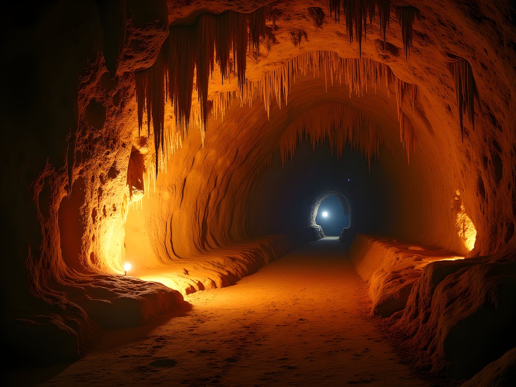 Atmospheric limestone cave illuminated by traditional pine resin torches showing ancient petroglyphs on the walls