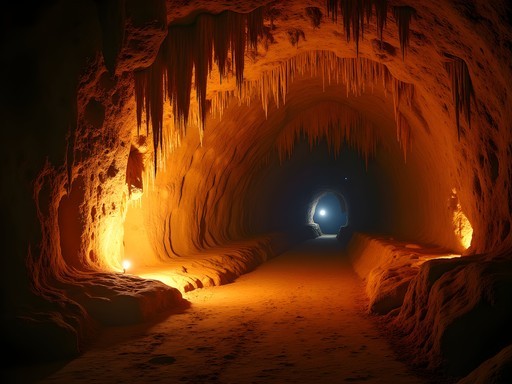Atmospheric limestone cave illuminated by traditional pine resin torches showing ancient petroglyphs on the walls
