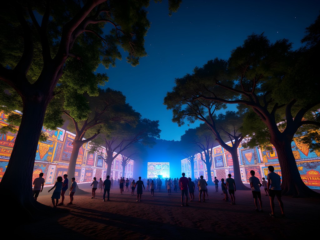 Nighttime jungle clearing with electronic music event featuring Mayan-inspired projection mapping on trees and dancers in silhouette