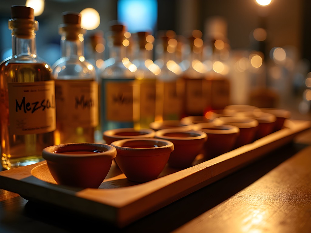 Intimate mezcal tasting in a dimly lit mezcalerÃa with traditional clay copitas and various bottles of artisanal mezcal