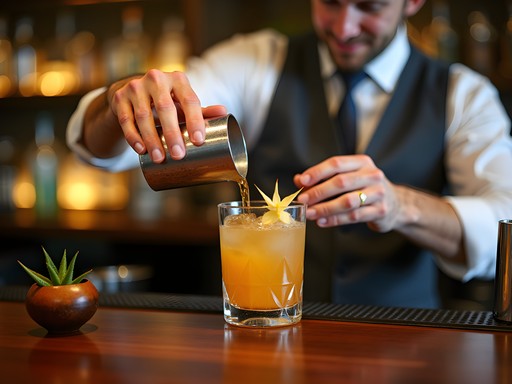Elegant craft cocktail being prepared at upscale bar in Papeete with Polynesian ingredients