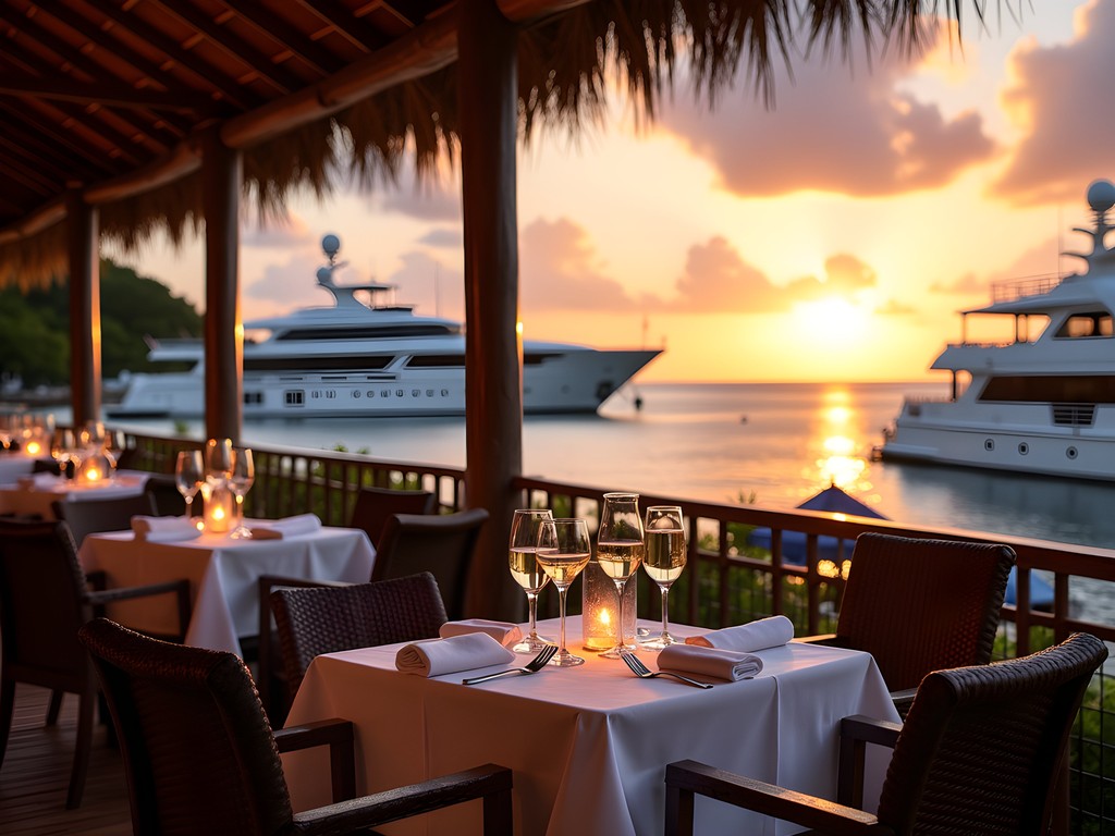 Luxury waterfront lounge in Papeete harbor at sunset with yachts and Moorea island silhouette