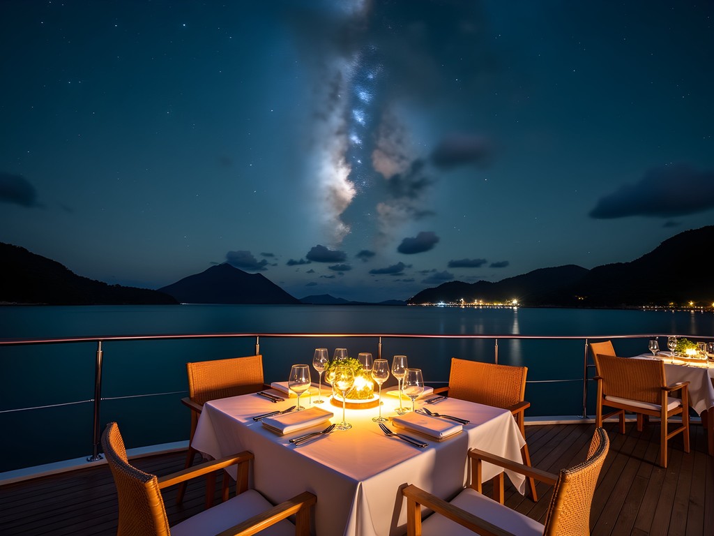 Luxury catamaran evening cruise on Papeete lagoon under starry sky