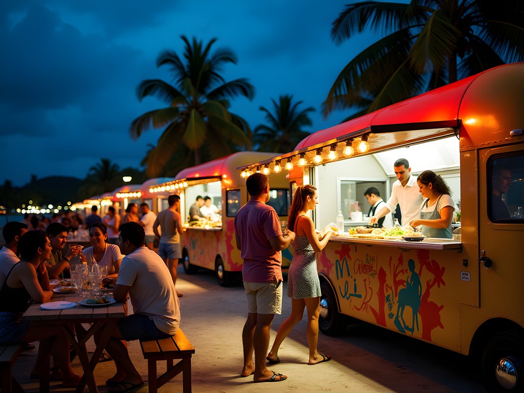 Colorful gourmet food trucks (roulottes) at Vai'ete Square night market in Papeete