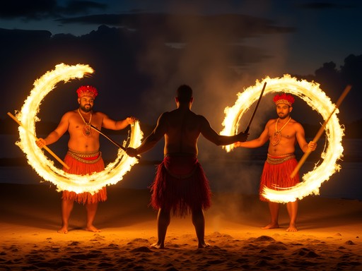 Traditional Tahitian fire dancers performing at night in Papeete