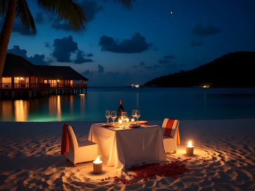 Private luxury dinner setup on a small motu island near Papeete at night