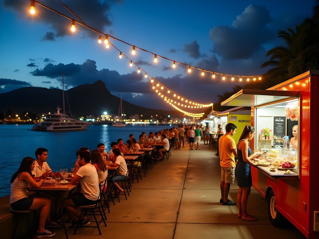 Colorful food trucks (roulottes) at Papeete harbor at night with string lights