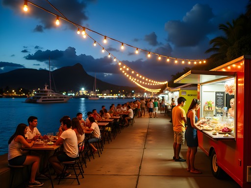 Colorful food trucks (roulottes) at Papeete harbor at night with string lights