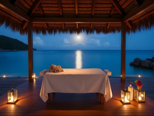 Luxury outdoor spa treatment deck in Papeete at night with moonlight over water