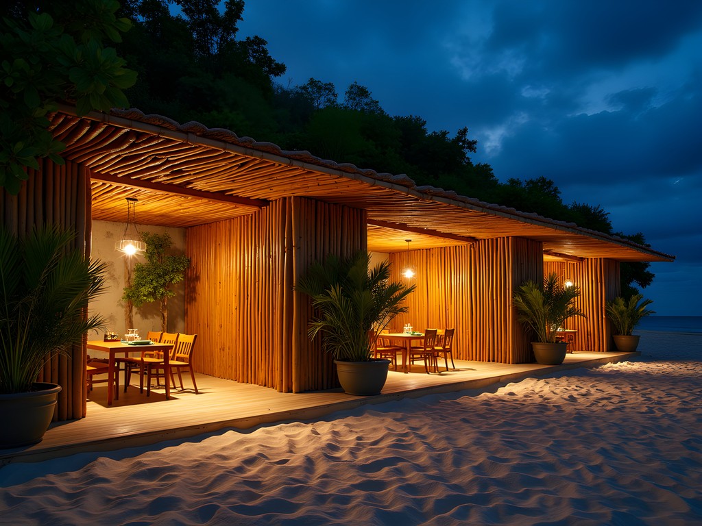 Sustainable beach club in Pattaya at night with bamboo structures and eco-friendly design