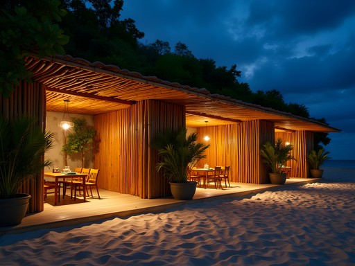 Sustainable beach club in Pattaya at night with bamboo structures and eco-friendly design