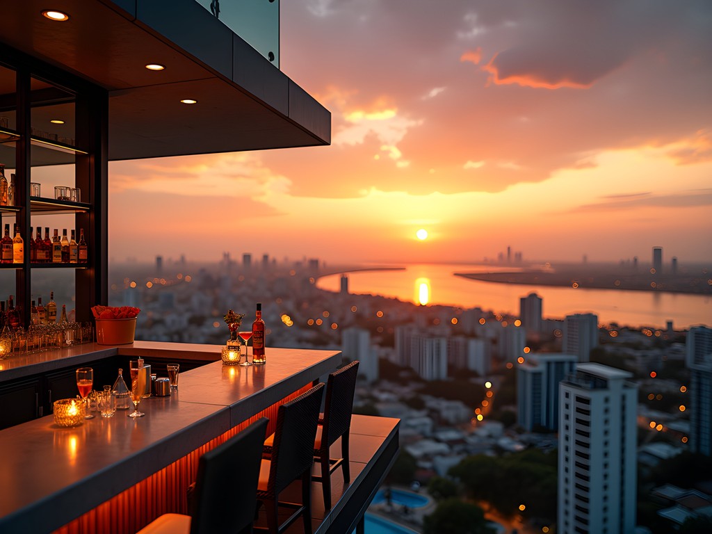 Panoramic sunset view from a rooftop bar in Pattaya overlooking the bay