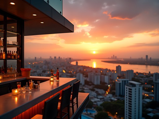 Panoramic sunset view from a rooftop bar in Pattaya overlooking the bay