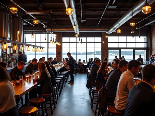 Lively craft brewery in Fremantle with waterfront views and diverse crowd