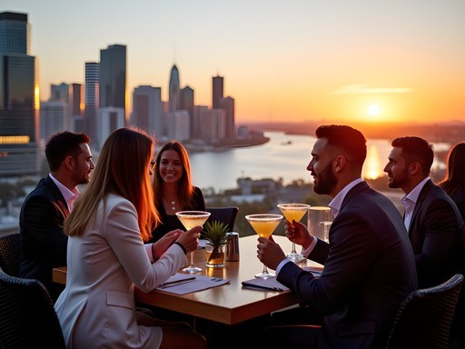 Sunset view from Perth CBD rooftop bar overlooking Swan River