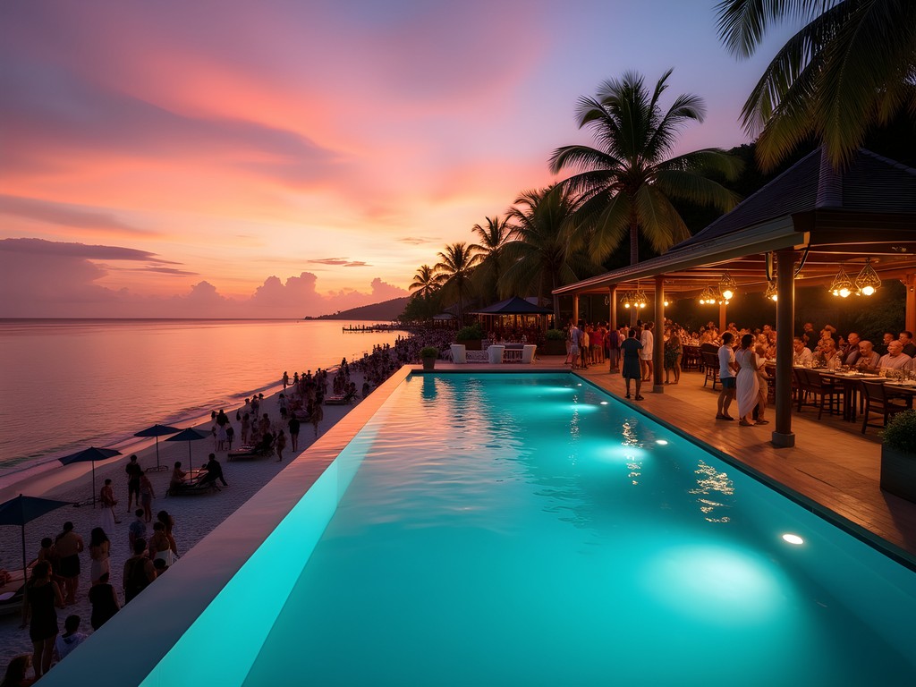 Luxury beach club in Phuket with infinity pool and sunset DJ session