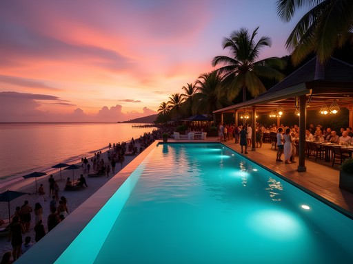 Luxury beach club in Phuket with infinity pool and sunset DJ session