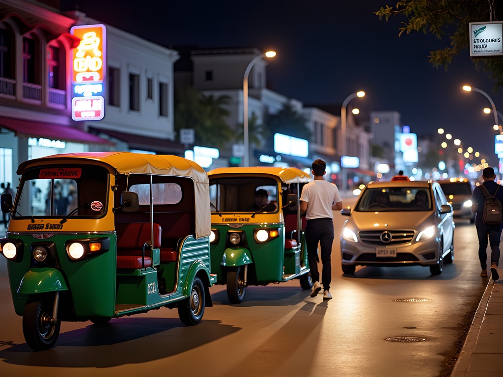 Transportation options for nightlife in Phuket including tuk-tuks and taxis waiting outside popular venues