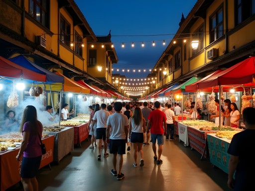 Vibrant Sunday Night Market in Phuket Town with food stalls, shoppers, and colorful lighting