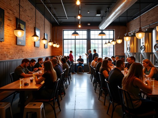 Lively craft brewery in Lawrenceville with groups enjoying local beer