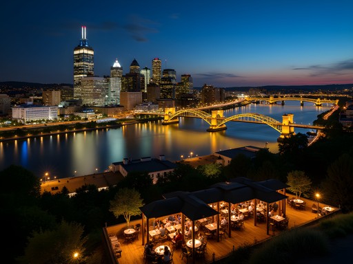 Pittsburgh's illuminated skyline and rivers viewed from Mount Washington at night