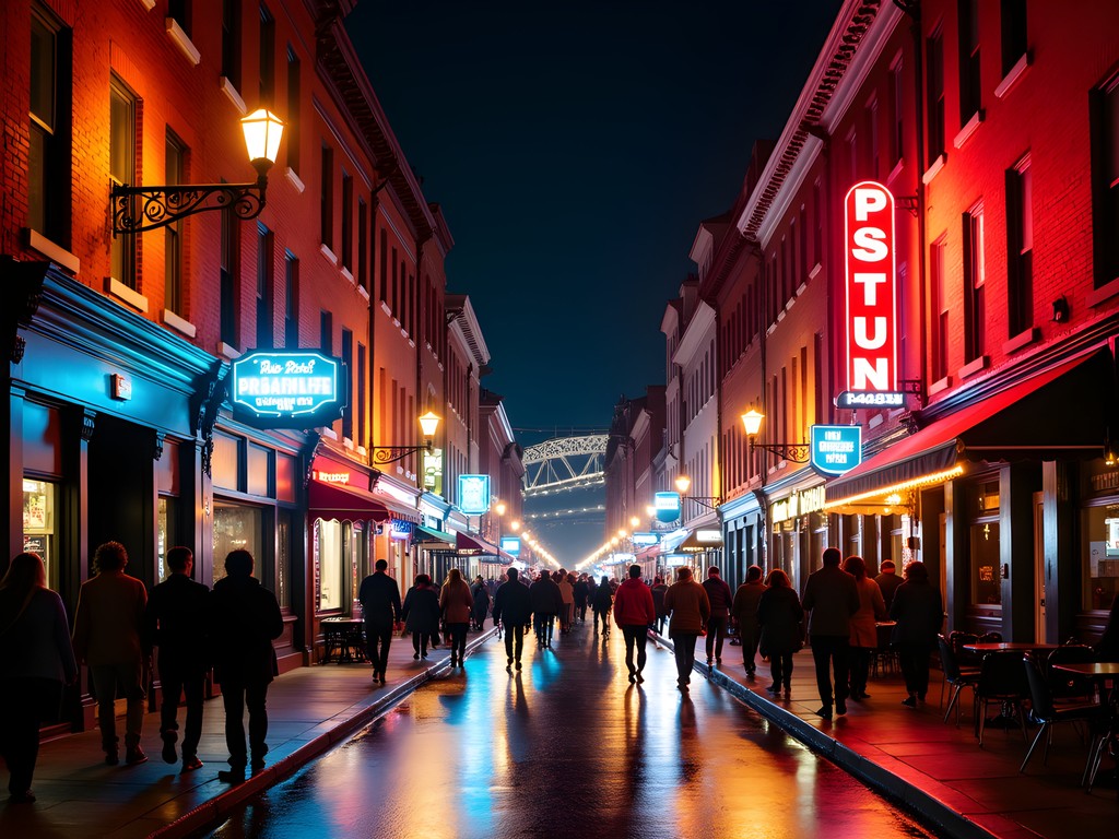 Bustling East Carson Street in Pittsburgh's South Side at night with illuminated bars and restaurants