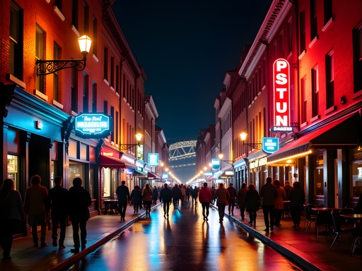 Bustling East Carson Street in Pittsburgh's South Side at night with illuminated bars and restaurants