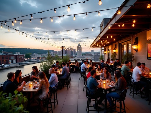 Lively rooftop bar in Pittsburgh's Strip District with city views at dusk