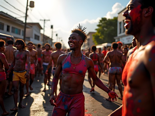 Revelers covered in colored paint and mud during J'ouvert celebration