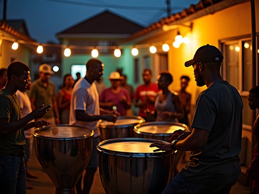 Nighttime steel pan practice session in local pan yard with community gathering