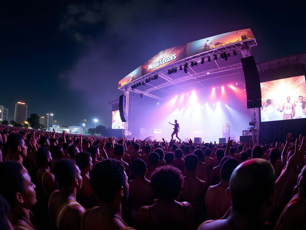 Massive nighttime soca party in Port of Spain with light show and performers