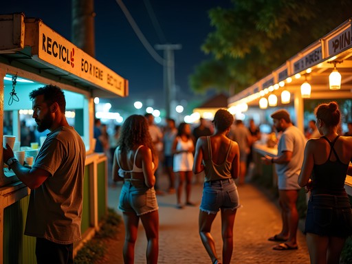 Eco-friendly initiatives at a nighttime Carnival celebration in Port of Spain