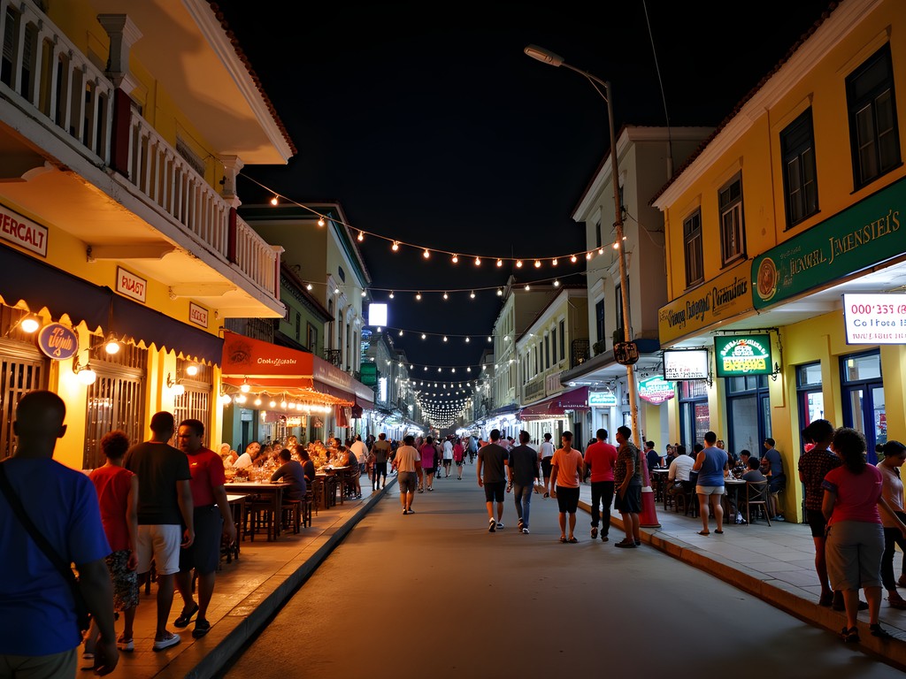 Ariapita Avenue in Port of Spain at night with illuminated bars and restaurants